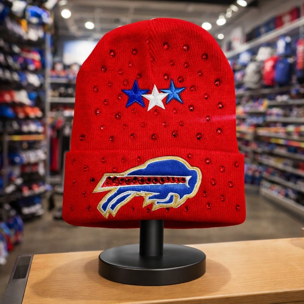 Buffalo Bills Beanie Red design with logo-gold‎ trimming, stars, rhinestones